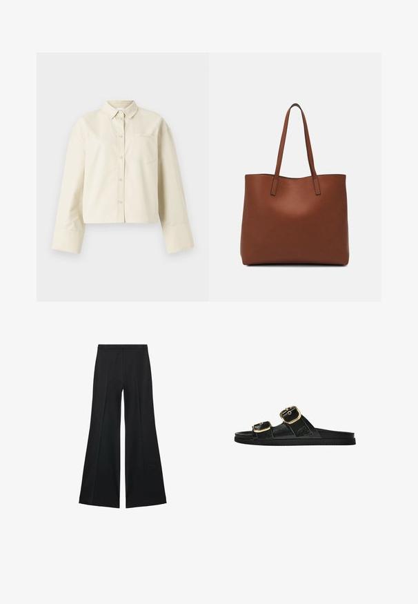 Lyhyt, vaaleanbeige puuvillapaita, jossa on terävä kaulus, edessä napitus ja yksi rintatasku hillityllä logolla.; Mustat leveälahkeiset housut, joissa on sileä pinta, etupuolella laskokset ja muotolaskettu malli. Kangas on kevyttä ja laskeutuvaa.; Musta liukusandaali, jossa on kaksi kultaisesta solkesta tehtyä korostusta, sileäpintainen materiaali, litteä pohja ja minimalistinen muotoilu.; Ruskea nahkainen olkalaukku, jossa on sileä pinta, avoin yläosa ja kaksi olkahihnaa. Omaavat vain minimaalisen ompelun eikä näkyvää metalliosaa.