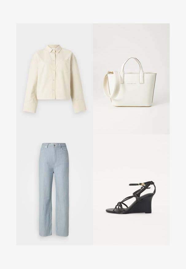 Afkortet, lysbeige skjorte lavet af bomuld, med spids krave, frontknaplukning og en enkelt brystlomme med et subtilt logo.; Lysblå straight-leg jeans lavet af denim. Har fem lommer, en metal knaplukning og subtile slidser for tekstur.; Sorte kilehæle sandaler med tynde, krydset stropper og en justerbar ankelrem med en guldbuckle. Glat læderfinish.; Hvid faux læder håndtaske med korte hanke, justerbar skulderrem og guldtonet hardware; har et subtilt logo foran.