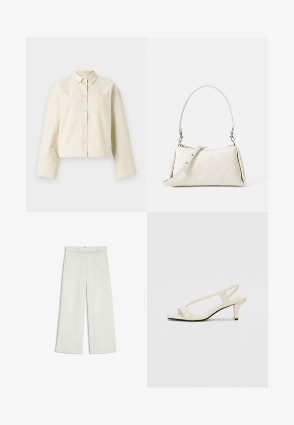Afkortet, lysbeige skjorte lavet af bomuld, med spids krave, frontknaplukning og en enkelt brystlomme med et subtilt logo.; Bredde bukser i lys cremefarvet stof, med sidelommer, flad front og en enkelt knaplukning i taljen. Glat tekstur.; Beige blokhælede sandaler med tynde remme og en firkantet tå. Glat materiale med minimal detaljering, designet til nem brug.; Hvid håndtaske med glat tekstur, buet silhuet og justerbar skulderrem. Har et subtilt logo-mønster og sølvfarvede hardware-detaljer.