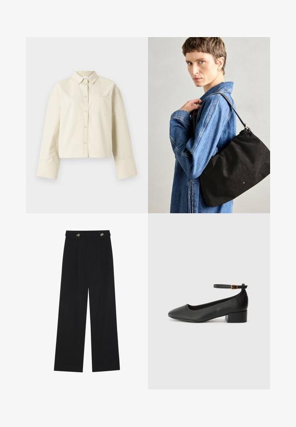 Cropped, light beige shirt made of cotton, featuring a pointed collar, front button closure, and a single chest pocket with a subtle logo.; Black wide-leg trousers with high waist, button details on waistband, and front pleats.; Black leather pump with a pointed toe and a low block heel. Features an ankle strap with a gold-tone buckle. Smooth texture.; Black suede handbag with a soft, structured shape, featuring a slim leather strap and subtle brand logo. Model wears a denim jacket.