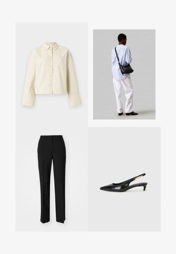 Lühendatud, heleda beeži värvi puuvillane särk, millel on terav krae, esine nööpide sulgemine ja üks rinnatasku, millel on peen logo.; Mustad ja sirged püksid, millel on sile tekstuur ja teravad voldid esiosas. Ilma nähtavate detailideta.; Mustad nahast slingback kontsad terava ninaga, millel on õhuke konts ja kuldse tooni aktsent reguleeritaval rihmal. Sile tekstuur.; Must have mustras alasi nahkpatsi, pehme tekstuuriga, kolmnurkse kujuga ja reguleeritava rihmaga, koos helesinise triibulise särgi ja valgete pükstega.