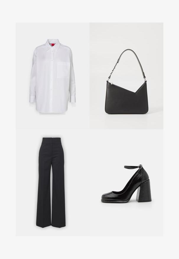 White long-sleeve shirt made of cotton, featuring a button-down collar, front pocket, and subtle branding on the pocket area.; Wide-leg trousers in black fabric with a high waistband, featuring a clean finish and smooth texture. No visible hardware or patterns.; HUGO KIORA - High heels - black; Black leather handbag with a triangular shape, a slim strap, and silver hardware. Features a zip closure and embossed logo on the front.