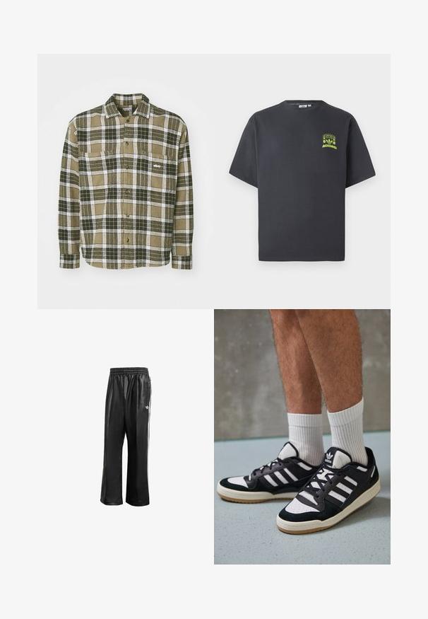Camisa de flanela às quadrados verdes e brancos, com fecho de botões à frente, dois bolsos no peito e um pequeno logótipo no bolso esquerdo.; T-shirt Adidas de cor cinza carvão com mangas curtas e um pequeno gráfico em neon verde de altifalantes, sol e o logo da Adidas no lado esquerdo do peito.; Calças de treino sintéticas pretas com um cós elástico, apresentando riscas laterais brancas e um pequeno logótipo branco no quadril esquerdo.; Ténis em preto e branco com upper em camurça e couro, apresentando três riscas brancas, um toe perfurado e uma sola em borracha de goma.