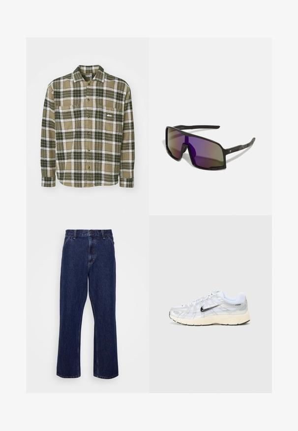 Zeleno-bela karo flanelasta košulja, ki ima gumbasti sprednji del, dve prsni žepki in majhen logotip na levem žepu.; Temno modri jeans iz denima s ravno nogavico, z gumbnim zapiranjem, petimi žepi in subtilnimi šivi.; Bele športne copate iz mrežaste tkanine z zlatimi detajli, črnimi Nike logotipi, oblazinjeno ovratnikom in teksturiranim podplatom. Imajo večplastno zasnovo za stabilnost.; Črne športne sončne očala z velikimi, oglatimi lečami, ki imajo gradientno obarvanje od vijolične do sivo. Teksturirani črni tempeljci za boljši oprijem.