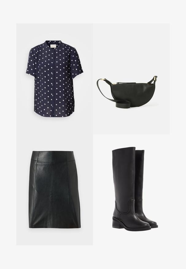 Tumedast sinise lühikese varrukaga pluus valgete täppidega, millel on nupuga esitamine ja ümmargune krae. Valmistatud kergest kangast.; Mustast nahast seelik, millel on kohandatud disain. Sile tekstuur, õmblused, mis rõhutavad vormi, ja sirge äär. Minimalistlik ja stiilne välimus.; Mustad mustad põlvini saapad siledast mustast nahast, ümarate varvaste ja turske kontsaga. Sisaldab peent õmblust ja voolujoonelist disaini.; Mustmust kott poolkuu kuju, tekstuurse pinnaga, kuldne tõmblukk ja lame rihm. Kompaktne disain, mis sobib igapäevaste essementide jaoks.