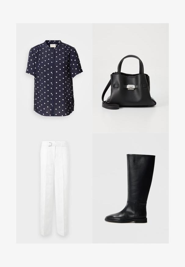 Morska plava bluzica kratkih rukava s bijelim točkicama, s dugmadima sprijeda i okruglim ovratnikom. Izrađena od lagane tkanine.; Bijele krojene hlače s širokim nogavicama, petljama za remen i remenom s srebrnom kopčom. Izrađene od laganog materijala s glatkom teksturom.; Crne kožne čizme do koljena s zaobljenim vrhom, glatkom teksturom, minimalističkim dizajnom i ravnim đonom. Jednostavni šavovi na vertikalnom dijelu.; Crna kožna torba s teksturiranim završnim obradom, koja ima dva gornja ručka, odvojivu naramenicu i detalj s srebrnim kopčanjem.