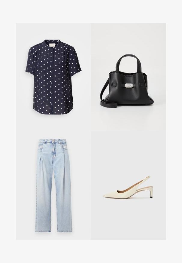 Tengerészkék, rövidujjú blúz fehér pöttyökkel, gumírozott elülső része gombos, kerek nyakkal rendelkezik. Könnyű anyagból készült.; Világoskék farmernadrág magas derekú, bő szabású, két oldalsó zsebbel és pliszírozott dizájnnal. Puha tapintású, elhalványított felület.; Fűzött orrú, elöl nyitott sarkú cipő, off-white bőrből készült, alacsony sarkú, kivágott dizájnnal, sima textúrával és minimalista kiegészítőkkel.; Fekete bőr kézitáska struktúrált felülettel, két felső fogantyúval, levehető vállpánttal és ezüst színű csattal.