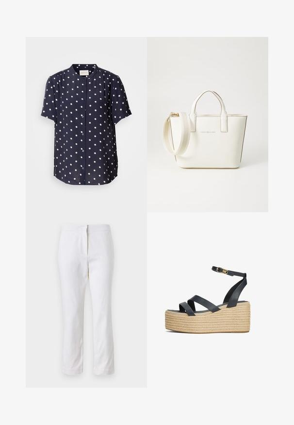 Blusa de manga corta azul marino con lunares blancos, con un frente abotonado y cuello redondo. Hecha de tela ligera.; Pantalones de algodón blancos con un diseño de pierna recta, que cuentan con una cintura de media altura y sin herrajes o patrones visibles. Textura suave en todo su recorrido.; Sandalias de cuña de cuero negro con correas entrecruzadas y una plataforma de cuerda trenzada. Presenta una correa en el tobillo y detalles de hebilla en tono dorado.; Bolso de mano de cuero sintético blanco con asas cortas, correa de hombro ajustable y herrajes en tono dorado; presenta un sutil logo en la parte frontal.