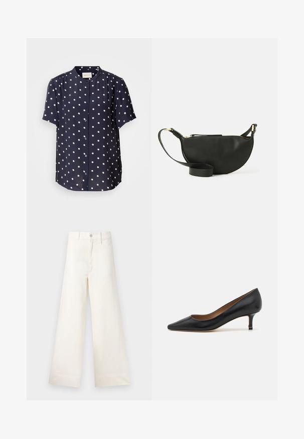 Marineblå bluse med korteærmer og hvide prikker, med knaplukning foran og en rund krave. Fremstillet af letvægtigt stof.; Bredde benbukser i lys beige bomuld. Har høj talje, for- og baglommer samt lige pasform. Renset kantafslutning uden mønstre.; Sort læderpumps med spids tå, lav kitten heel, glat tekstur og en subtil guldaccent ved hælbasen.; Sort læder crossover taske med halvmåneform, tekstureret overflade, guld lynlås og en flad rem. Kompakt design, der er velegnet til det mest nødvendige.