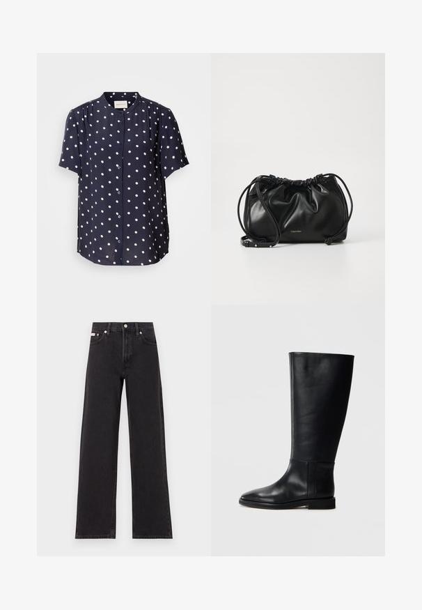 Mörkblå kortärmad blus med vita prickar, med knappstängning fram och rund krage. Tillverkad av lättviktsmaterial.; Svarta vida jeans i denim med hög midja, fem fickor och metallknappstängning med kontrasterande sömmar.; Svart läderknähöga stövlar med rund tå, slät textur, minimalistisk design och platt sula. Enkla sömdetaljer på skaftet.; Svart läderhandväska med samlad design, dubbel dragsko-stängning och avtagbar axelrem. Har metalliskt logotypdetalj.