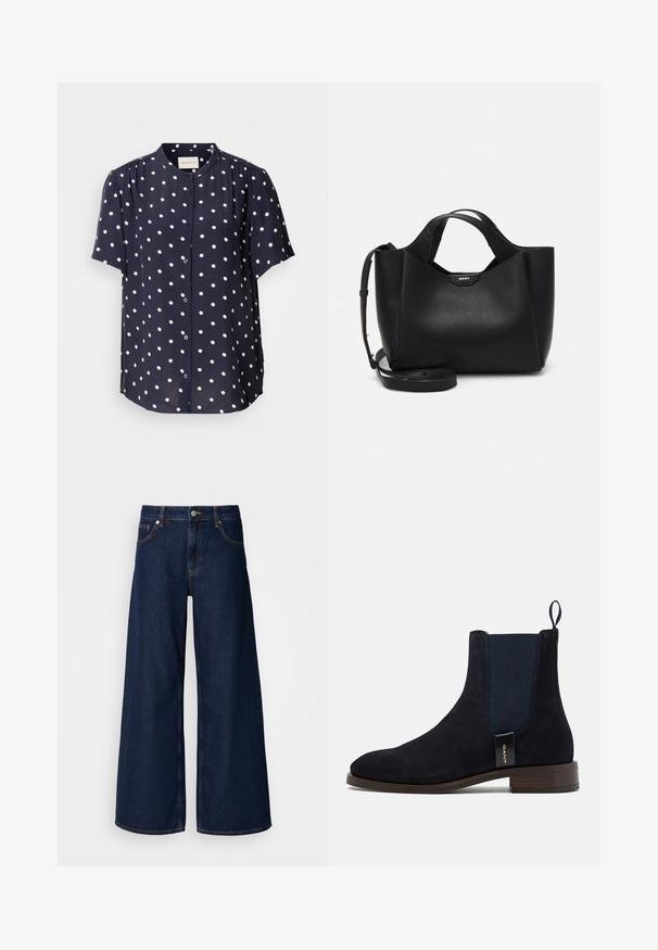Navy blue short-sleeve blouse with white polka dots, featuring a button-up front and a round collar. Made of lightweight fabric.; Wide-leg dark blue denim jeans with a high waist, front pockets, and a button closure. Features contrast stitching and a smooth texture.; Black suede Chelsea boots with elastic side panels, a rounded toe, and a low stacked heel, shown alongside wide denim trousers.; Black leather handbag with textured finish, angular shape, dual handles, and an adjustable shoulder strap. Features a DKNY logo accent.
