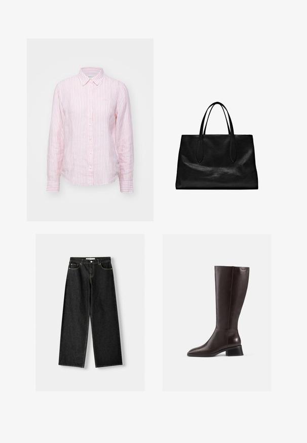 Różowo-biała, paskowana koszula z guzikami, z długimi rękawami, wykonana z lekkiego materiału, z klasycznym kołnierzykiem i zaokrąglonym hemem.; Czarne dżinsy o szerokich nogawkach z pięcioma kieszeniami, metalowym guzikiem i zapięciem na zamek, oraz kontrastowym żółtym przeszyciem wzdłuż szwów.; Kozaki skórzane w kolorze brązowym, sięgające do kolan, z gładkim wykończeniem, zaokrąglonym noskiem i czarnym, podwyższonym obcasem. Prosty design z minimalną ilością detali metalowych.; Czarna skórzana torba typu tote z dwoma wydłużonymi uchwytami, o wyraźnej formie, gładkiej fakturze i minimalistycznym designie. Brak widocznych dodatków ani ozdób.