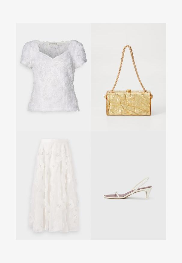 Blusa bianca a maniche corte con motivo a rose teksturato, scollo a V e tessuto morbido. Etichetta che recita "DA SJÖSTEDT".; Gonna bianca alla lunghezza del ginocchio con ricami floreali e paillettes argentate. Tessuto leggero e morbido con strati arricciati e vita aderente.; Sandali slingback bianchi con un leggero tacco, sottili cinturini e una superficie in pelle liscia; presentano una piccola fibbia decorativa.; Borsa di forma rettangolare in tessuto plissettato dorato, dotata di una tracolla a catena e di una chiusura con fermaglio nella parte superiore. Finitura liscia e lucida.