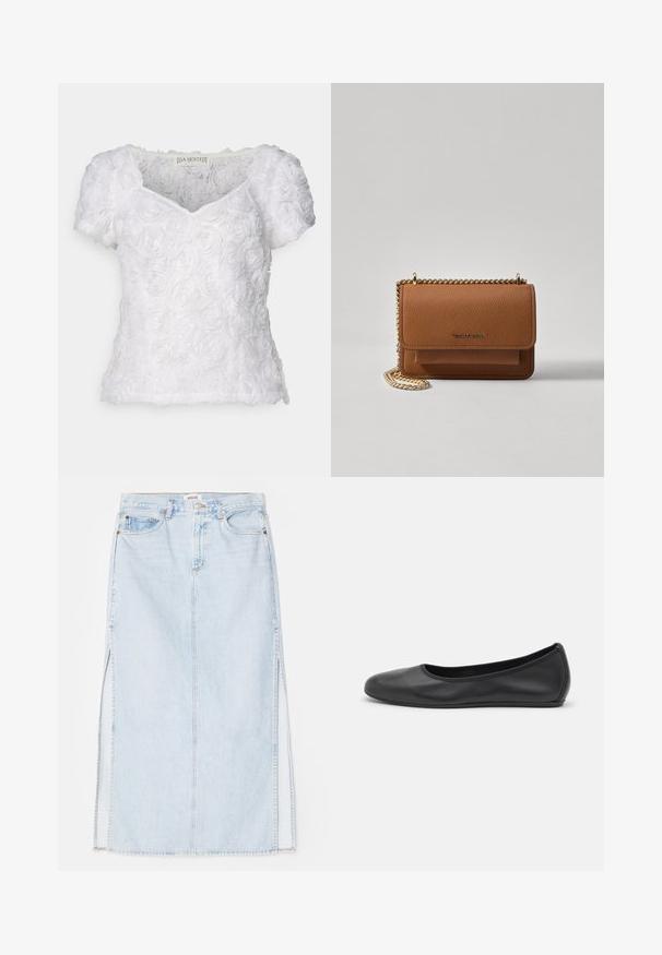 Weiße Bluse mit kurzen Ärmeln, die ein strukturiertes Rosenmuster aufweist, V-Ausschnitt und weicher Stoff. Das Etikett trägt die Aufschrift "DA SJÖSTEDT".; Hellblaue Jeans-Maxi-Rock mit geradem Schnitt, ausgestattet mit seitlichen Schlitzen und einem Fünf-Taschen-Design. Auffällige Nähte und Metallschnappverschluss.; Schwarze Leder-Ballettschuhe mit abgerundeter Spitze, glatter Textur, minimalen Nähdetails und einem flexiblen Sohlen-Design.; Braune strukturierte Ledertasche mit goldener Kettenriemen und Klappenverschluss. Die Vorderseite zeigt ein Logo-Detail und eine Tasche unter der Klappe.