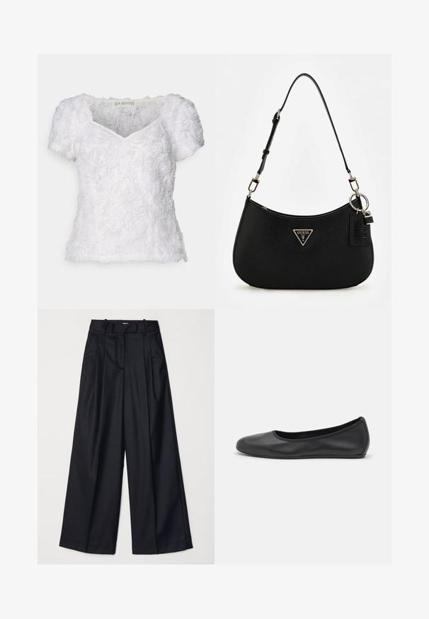 Bela bluzica s kratkimi rokavi, ki ima teksturiran vzorec vrtnic po celotni površini, V-izrez in mehak material. Oznaka navaja "DA SJÖSTEDT".; Črne široke hlače iz gladkega blaga, z visokim pasom, naborki in prirejenim dizajnom. Preprosta črna strojna oprema na pasu.; Črne usnjene balerinke z zaobljenim nosom, gladko teksturo, minimalnimi šivi in fleksibilno zasnovo podplata.; Črna sintetična torba za ramo s ukrivljeno silhueto, teksturirano površino, zlatim trikotnim logotipom in odstranljivimi dodatki.