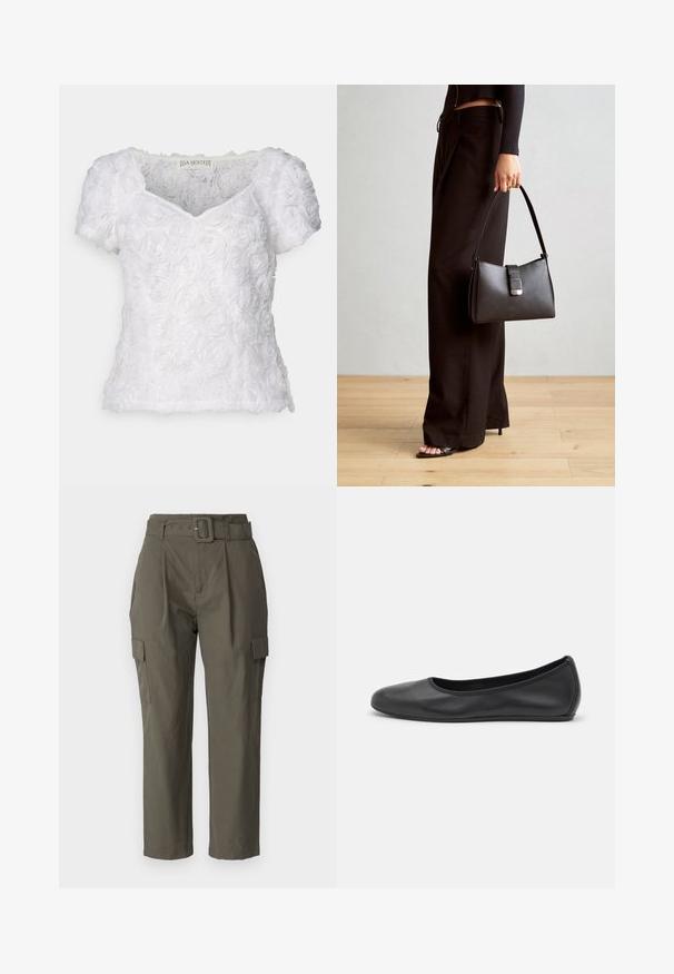 Biely blúzka s krátkym rukávom s textúrovaným vzorom ruží, V-výstrihom a mäkkou látkou. Štítok hovorí "DA SJÖSTEDT".; Kargo nohavice v olivovo zelenej farbe, vyrobené z ľahkej tkaniny. Medzi vlastnosti patrí opasok v páse, predné záhyby a bočné vrecká so zapínaním na klopne.; Čierne kožené baleríny s okrúhlou špičkou, hladkým povrchom, minimálnym prešívaním a flexibilným dizajnom podrážky.; Čierna kabelka so štruktúrovaným tvarom, hladkou textúrou a kovovou sponou. V kombinácii so širokými čiernymi nohavicami a sandálmi s otvorenou špičkou na drevenej podlahe.
