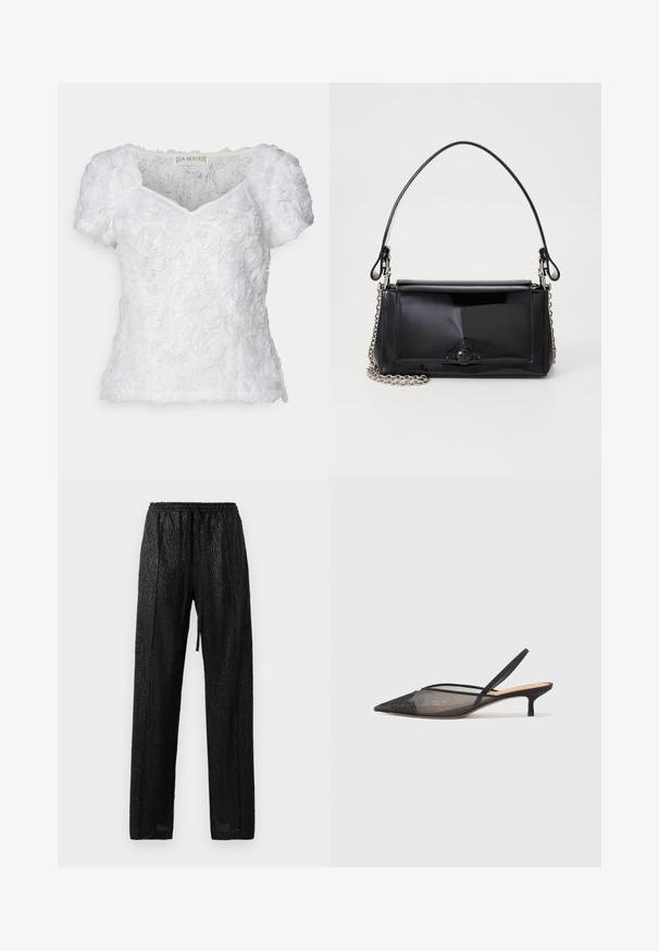 White short-sleeve blouse featuring a textured rose pattern throughout, V-neckline, and soft fabric. Tag reads "DA SJÖSTEDT".; Black, lightweight pants with a textured, shiny surface. Features an elastic waistband with a drawstring and a loose fit.; NEOUS IRENA - Classic heels - black; Black patent leather handbag with a rectangular shape, chain strap, and a distinctive hardware accent in the center. Smooth texture.