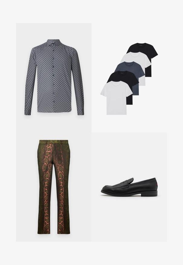 Langärmliges Hemd mit Knopfleiste in Dunkelblau mit einem wiederholten weißen Blumenmuster. Verfügt über einen spitzen Kragen und Knöpfe auf der Vorderseite. Glatte Stofftextur.; Set aus fünf T-Shirts in Schwarz, Weiß und Marineblau. Baumwollstoff, kurze Ärmel, Rundhalsausschnitt und schlichte Textur ohne Muster.; Grüne gemusterte Hosen mit einem Schlangenmusterdruck in Brauntönen und Orange, gerade geschnitten und mit einer glatten Textur.; Schwarze Lederloafer mit glatter Oberfläche, abgerundetem Zehenbereich und einem kleinen dekorativen Riegel. Ausgestattet mit einem niedrigen, gestapelten Absatz und einem dezenten Markenlogo.