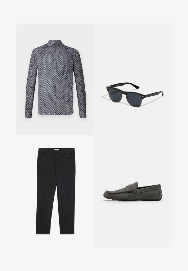 Πολυκαιρισμένο πουκάμισο με μακριά μανίκια σε σκούρο ναυτικό χρώμα με επαναλαμβανόμενο λευκό φλοράλ σχέδιο. Διαθέτει κομμένη κολάρο και μπροστινά κουμπιά. Λείο ύφασμα.; Μαύρο βαμβακερό παντελόνι με στενή γραμμή, διαθέτει δύο πλάγιες τσέπες και κούμπωμα με κουμπί στο μπροστινό μέρος. Υφασμάτινη επιφάνεια με διακριτές λεπτομέρειες.; Γκρίζα σουέτ λοάφερ με στρογγυλή μύτη, ραφές λεπτομέρειες και επίπεδη καουτσούκ σόλα. Το παπούτσι έχει απαλή υφή και ασύμμετρο λουράκι μπροστά.; Μαύρα γυαλιά ηλίου σε ορθογώνιο σχήμα, σκούροι φακοί, ασημί λεπτομέρειες στους κροτάφους και ματ φινίρισμα στον σκελετό.