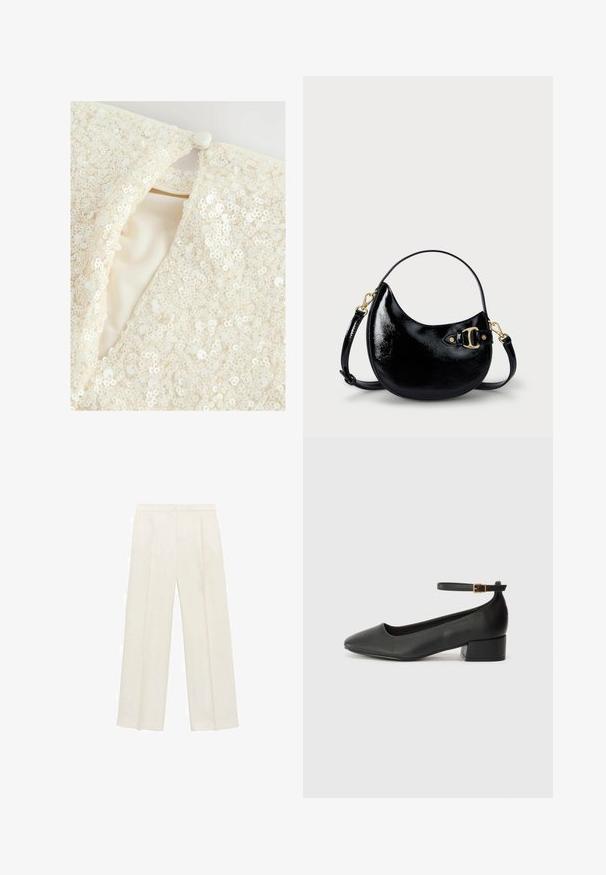 Îmbrăcăminte bej cu broderie complicată cu paiete, având un închidere cu nasturi și o căptușeală interioară netedă. Textura este lucioasă și reflectorizantă.; Pantaloni cu picioare largi, de culoare crem deschis. Realizați dintr-un material neted, cu plisuri în față și buzunare laterale.; Pantof cu toc negru din piele, cu vârf ascuțit și toc mic pătrat. Dispune de o curea la gleznă cu o cataramă în tonuri de aur. Textură netedă.; Geantă de mână din piele patent neagră, cu o formă curbă, curea ajustabilă și detalii din metal auriu pe lateral. Textură netedă și lucioasă.