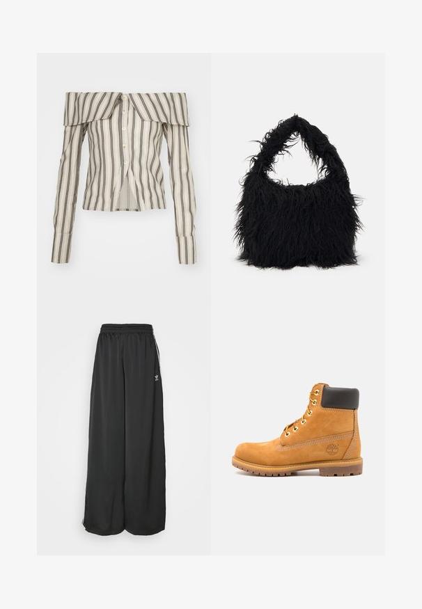 Jaded London OFF SHOULDER - Blusa com botões - multi; Calças de treino largas e soltas, feitas de tecido suave. Apresentam uma cintura elástica e riscas laterais com detalhes em logotipo.; Bota de tornozelo de couro castanho com acolchoamento preto, ilhós dourados e uma sola texturizada. Apresenta um logótipo circular na lateral e detalhes de costura.; Even&Odd Saco de mão - black