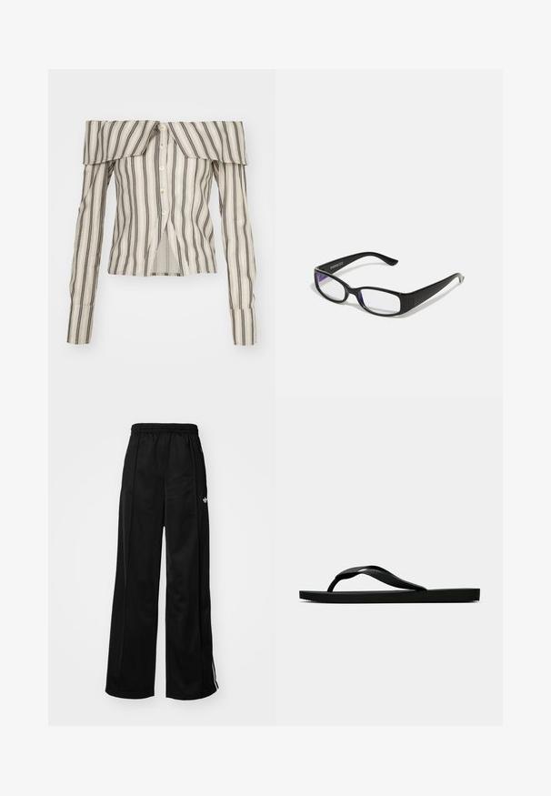 Jaded London OFF SHOULDER - Blusa com botões - multi; Calças de pista de perna larga pretas com um cós elástico, apresentando riscas brancas nas laterais e um pequeno logótipo no quadril esquerdo. Tecido de textura suave.; Chinelo de borracha preta com uma tira texturada e sola plana simples, mostrado de lado num fundo claro.; Óculos retangulares pretos com lentes transparentes. Acabamento brilhante, hastes estreitas e um tom roxo visível nas bordas das lentes.