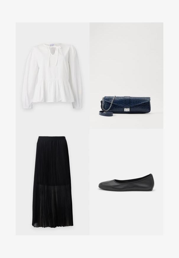Biela bavlnená blúzka s dlhými rukávmi, detailom na viazanie pri výstrihu a nariaseným peplum lemom. Mäkka textúra s voľným strihom.; Čierna plisovaná midi sukňa s hladkým, elastickým pásom a priesvitnou vrstvou, ktorá má jemné vertikálne plisovanie po celej textílii.; Čierne kožené baleríny s okrúhlou špičkou, hladkým povrchom, minimálnym prešívaním a flexibilným dizajnom podrážky.; Tmavomodrá kožená kapsička s krokodílovou textúrou, strieborný reťazový popruh a kovová spona. Obdĺžnikový tvar so sklápacím dizajnom.