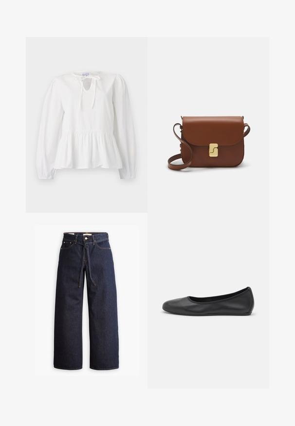 Bluză albă din bumbac cu mâneci lungi, detaliu cu șnur la gât și tiv peplum plisat. Textură moale cu o croială lejeră.; Blugi din denim cu talie înaltă, de culoare albastru închis, cu picior larg, dotati cu şnur pentru ajustare, cinci buzunare şi detalii de cusătură în contrast.; Balerini din piele neagră, cu vârf rotund, textură netedă, detalii de cusătură minimale și un design al tălpii flexibil.; Geantă de piele maro cu închidere tip capac, accesorii de culoare aurie, curea de umăr și o textură netedă. Formă compactă și rectangulară.