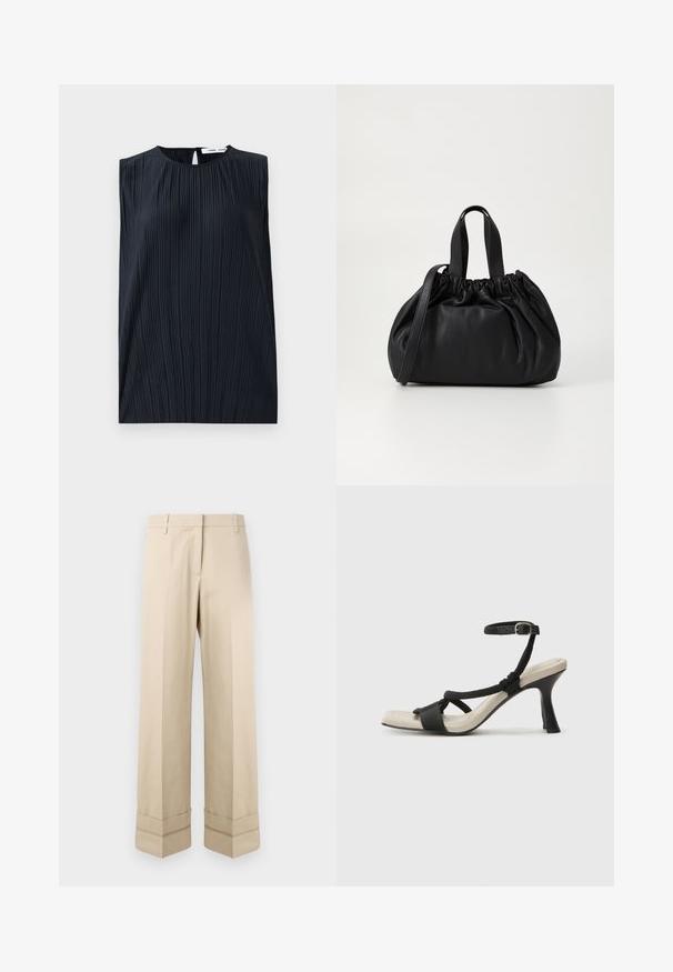 Černý bezramínkový top s kulatým výstřihem a klíčovou dirkou na zádech. Obsahuje vertikální záhyby pro texturu. Hladká látka s mírným leskem.; Beige kalhoty se střihovým rovnou siluetou, s dvojitým manžetovým zakončením a plochým předním designem. Vyrobené z hladké, odolné látky.; Černé sandály na podpatku s pleteným designem pásku, čtveratou špičkou a nastavitelným páskem kolem kotníku. Světle béžová stélka s lesklým černým podpatkem.; Černá kožená kabelka s designem staženého vršku, která má dvě krátké ucha a dlouhý nastavitelný popruh. Hladký povrch, zaoblený tvar.