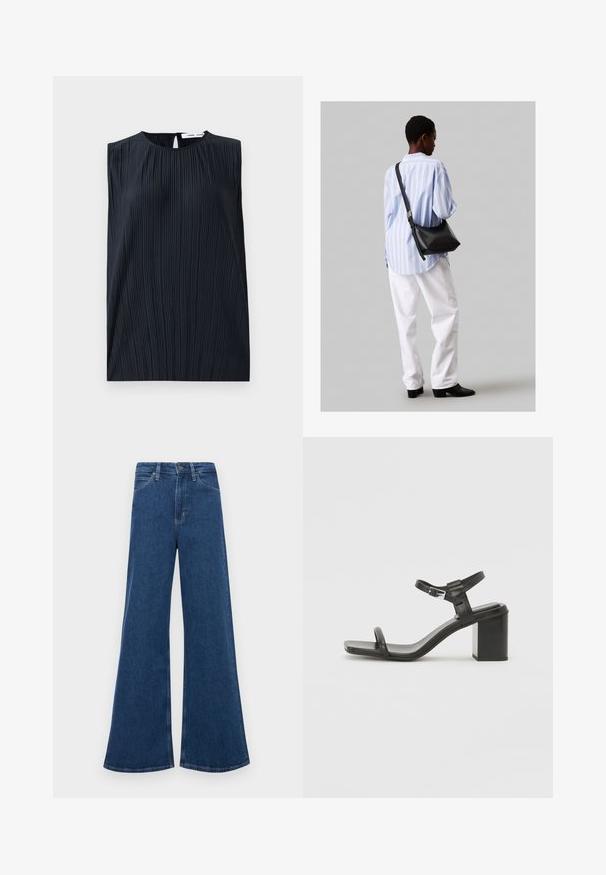 Must have mustriga, millel on ümar kaelus ja võtmekahvli seljaosa. Omab vertikaalseid volte tekstuuriks. Sile kangas, millel on kerge sära.; Sinine denimist laienevad teksad kõrge vöökoha ja viie taskuga, nupuvajutusega kinnituse ning kontrastsete õmblustega õmblustel.; Must mustast blokknõgaga sandaalid, millel on lai rihm varvaste kohal ja reguleeritav pahkluurihm, omades stiilset ja minimalistlikku disaini.; Must have mustras alasi nahkpatsi, pehme tekstuuriga, kolmnurkse kujuga ja reguleeritava rihmaga, koos helesinise triibulise särgi ja valgete pükstega.