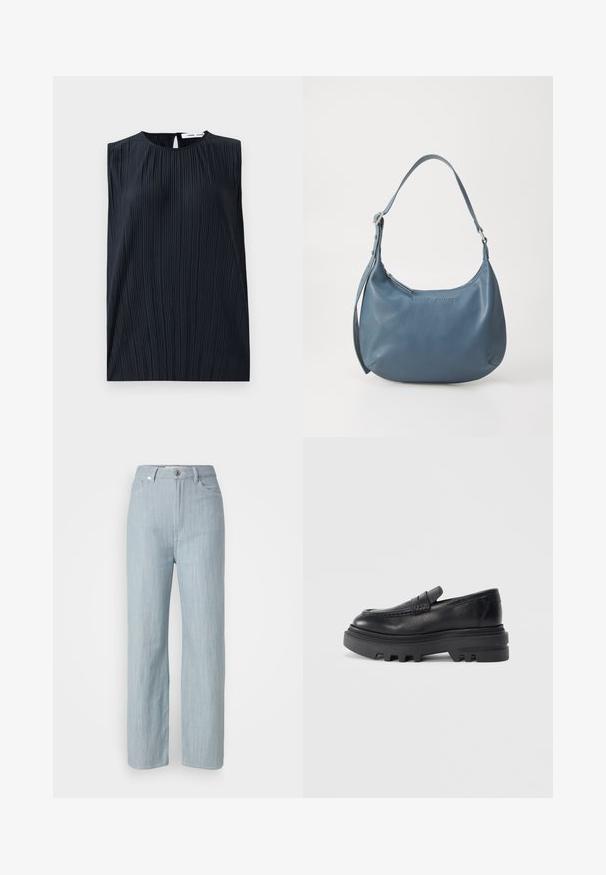 Top negro sin mangas con cuello redondo y espalda con abertura en forma de llave. Presenta pliegues verticales para dar textura. Fabricado con un tejido suave y con un ligero brillo.; Jeans de pierna recta en azul claro, hechos de denim. Cuenta con cinco bolsillos, un cierre de botón de metal y un sutil desgastado para añadir textura.; Mocasines de cuero negro con suela negra gruesa y detalle de tira texturizada. El acabado suave y la forma redondeada realzan su diseño contemporáneo.; Bolso de piel azul con forma redondeada, correa de hombro única, cierre de cremallera y nombre de la marca en relieve en la parte frontal. Textura suave.