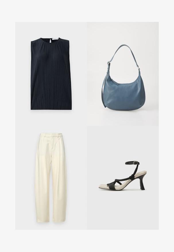 Crna bezrukavna majica s okruglim izrezom i prorezom na leđima. Ima vertikalne nabore za teksturu. Glatka tkanina s blagim sjajem.; Nabrane, hlače visokog struka od svijetle kreme tkanine. Imaju ravni kroj i glatku teksturu. Bez džepova ili vidljivih metalnih dijelova.; Crne sandale na visokom potpetici s dizajnom pletenih trakica, kvadratnim vrhom i podešivom trakicom oko gležnja. Svijetlosmeđi ulošci s sjajnim crnim potpeticama.; Plava kožna torba u obliku kruške, s jednim remenom za rame, zatvaranjem na patentni zatvarač i utisnutim nazivom brenda sprijeda. Glatka tekstura.