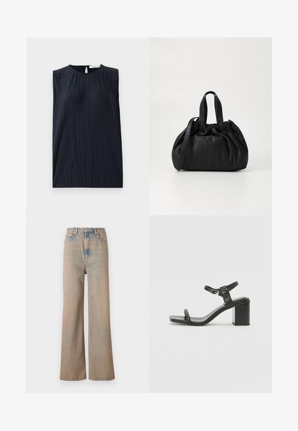 Must have mustriga, millel on ümar kaelus ja võtmekahvli seljaosa. Omab vertikaalseid volte tekstuuriks. Sile kangas, millel on kerge sära.; Heled pesu laiad püksid kõrge taljega, valmistatud denimist. Omavad peent õmblust ja viit taskut ning neil on veidi kulunud tekstuur.; Must mustast blokknõgaga sandaalid, millel on lai rihm varvaste kohal ja reguleeritav pahkluurihm, omades stiilset ja minimalistlikku disaini.; Mustmust mustkott mustrihmaga ülaosa disainiga, millel on kaks lühikest käepidet ja pikk reguleeritav rihm. Sile tekstuur, ümar kuju.