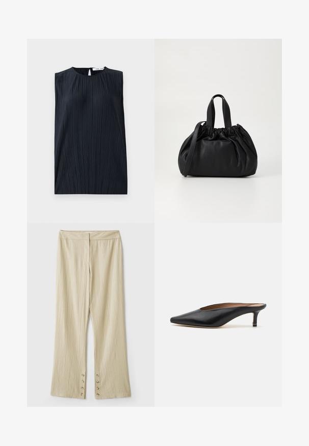 Svart ermeløs topp med rundt halsutskjæring og nøkkelhullsrygg. Har vertikale folder for tekstur. Glatt stoff med svak glans.; Beige vide bukser i tekstureret stof. Har en flad talje og fem knapper i kanten til lukning. Pyntet med folder.; Sorte lærmules med spiss tå og lav, blokkert hæl. Glatt tekstur med et elegant design. Åpen bak med minimal detaljering.; Svart lærveske med en samlet toppdesign, som har to korte håndtak og en lang justerbar stropp. Glatt tekstur, rund form.