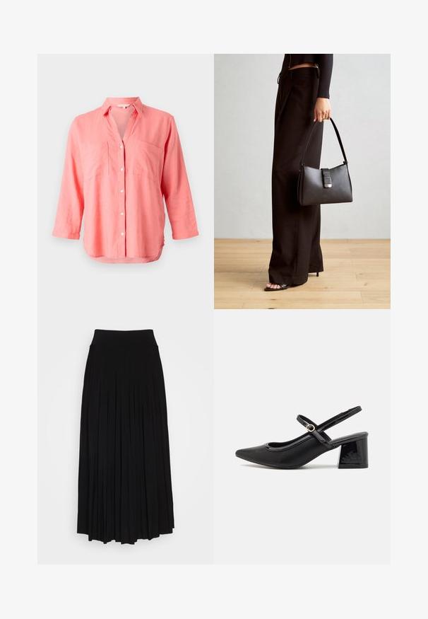 Koralli linane särk, millel on lõhenenud krae, nööpidega ettepanek ja kaks rinnataskut. Omab pikki varrukaid ja kergelt kõverat hemmi.; Must mustriga seelik kõrge ja veniva vöökohaga. Valmistatud pehmest kangast, millel on vertikaalsed volangid voolava silueti saavutamiseks.; Mustad läikivad nahast slingback-kõrged kontsad, millel on terav nina, ümar lõikekujundus ja blokknina. Omab kuldset nupu aktsenti.; Must musta kott, millel on struktureeritud kuju, sile tekstuur ja metallist klamber. Kombineeritud laiate mustade pükstega ja avatud varvaste sandaalidega puidust põrandal.