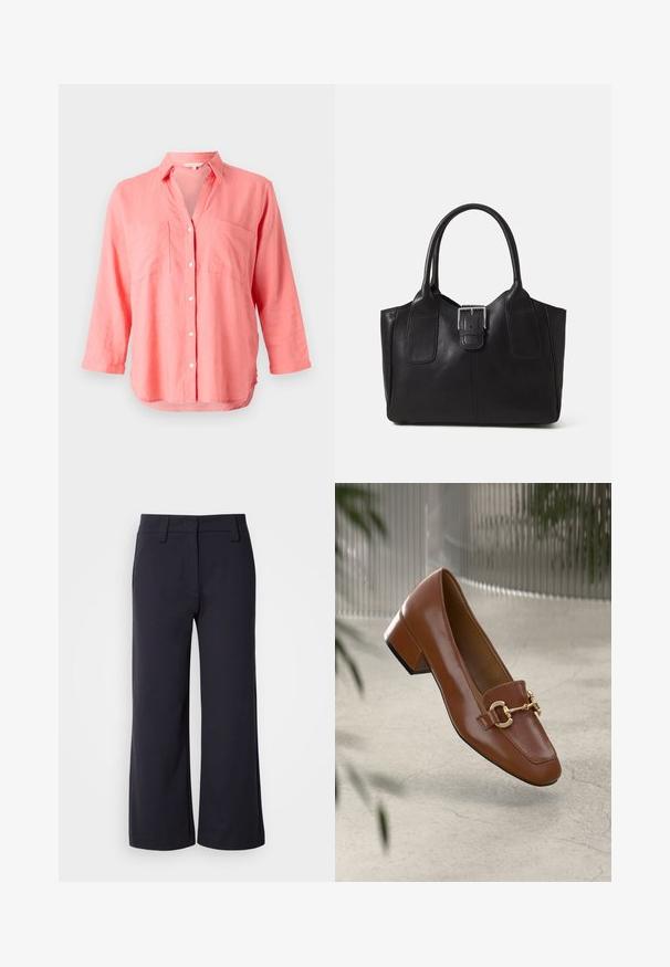 Koronkowa lniana koszula w kolorze koralowym z kołnierzykiem w kształcie litery V, zapięciem na guziki z przodu i dwoma kieszeniami na piersi. Posiada długie rękawy i lekko zaokrąglony dół.; Spodnie o szerokich nogawkach w ciemnonawowym materiale. Posiadają płaski przód, szlufki na pasek oraz kieszenie boczne. Materiał jest gładki z lekkim streczem.; Brązowe lakierowane mokasyny z kwadratowym noskiem, metalowym łańcuszkiem i niskim blokowym obcasem; gładka faktura, minimalistyczny design.; Czarna skórzana torba tote o gładkiej fakturze, usztywnionym kształcie, dwóch uchwytach oraz wyraźnym srebrnym zapięciu na przodzie.