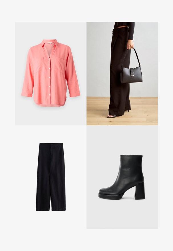 Korallfarget lin skjorte med klippet krage, knappestolpe foran og to brystlommer. Har lange ermer og en litt buet kant.; Sorte vidde bukser laget av lett stoff. Har en flat midje med glidelås foran og lommer, egnet for avslappet eller formell bruk.; Sorte skinnankelsko med blokkhæl og plattformsåle, sett fra siden på en enkel hvit bakgrunn.; Svart håndveske med strukturert form, jevn tekstur og metallisk lås. Kombinert med brede svarte bukser og sandaler med åpen tå på tregulv.