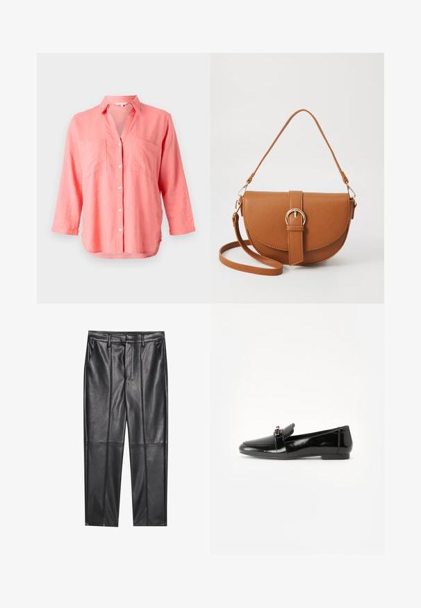 Camisa de lino coral con cuello de muesca, cierre de botones en la parte delantera y dos bolsillos en el pecho. Presenta mangas largas y un dobladillo ligeramente curvado.; Pantalones de cuero negros con una textura suave, con un corte recto, dos bolsillos frontales y detalles de costura visibles.; Mocasín de charol negro con suela plana, punta redonda y una correa decorativa con un acento en tono dorado. Acabado suave y brillante.; Bolso bandolera de cuero marrón con forma curvada, herrajes dorados y un acento de hebilla. Incluye una correa de hombro desmontable.