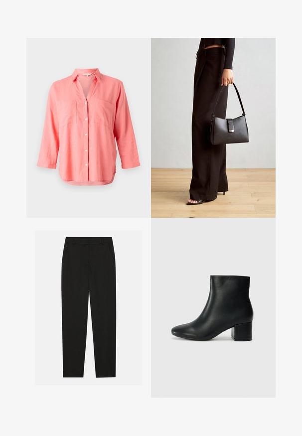 Camicia in lino corallo con colletto a punte, chiusura frontale con bottoni e due tasche sul petto. Presenta maniche lunghe e un orlo leggermente curvo.; Pantaloni neri dal design sartoriale, con tasche laterali e gamba dritta. Realizzati in tessuto liscio e leggero con una finitura elegante.; Stivali neri in pelle fino alla caviglia con punta appuntita e tacco spesso. Texture liscia con minimi dettagli e un design elegante e aderente.; Borsa nera con forma strutturata, texture liscia e una chiusura metallica. Abbinata a pantaloni neri larghi e sandali open-toe su un pavimento in legno.