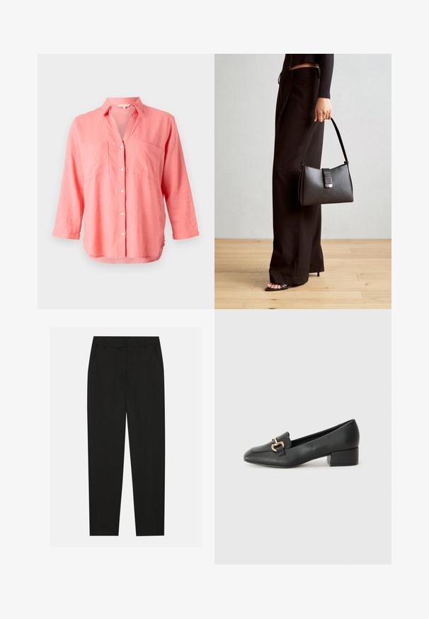 Koralo lino marškiniai su išpjova ant apykaklės, mygtukų užsegimu ir dviem krūtinės kišenėmis. Ilgos rankovės ir šiek tiek išlenktas hem.; Juodos kelnes su pritaikytu dizainu, turinčios šonines kišenes ir tiesią koją. Pagamintos iš lygaus, lengvo audinio su blizgiu paviršiumi.; Juodi odiniai loaferiai su plokščiu kulnu, su dekoratyvia auksine detalės priekyje ir glotnia tekstūra.; Juodas rankinė struktūrizuota forma, lygi tekstūra ir metalinis užsegimas. Suporuota su plačiomis juodomis kelnėmis ir atvirais bateliais ant medinių grindų.