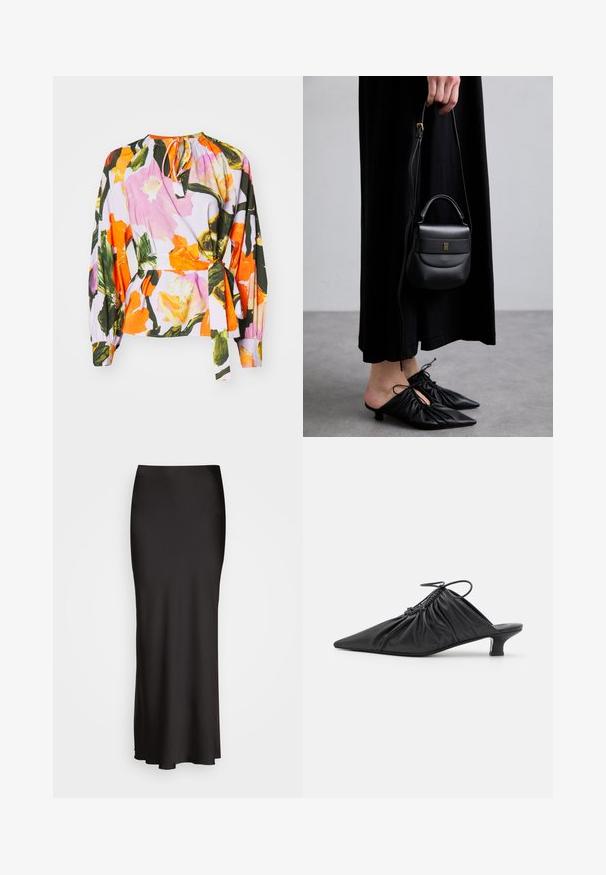 Bluse mit Blumenmuster, die rosa und orangefarbene Blumen auf einem helllila Hintergrund zeigt. Lange Ärmel mit Raffdetails und verstellbarem Knoten am Hals.; Schwarzer, bodenlanger Satinrock mit glatter Textur, tailliertem Bund und A-Linien-Silhouette, ohne sichtbare Verzierungen oder Muster.; Schwarze Leder-Mules zum Hineinschlüpfen mit spitzer Zehe, geraffter Textur und kleinem Kitten-Heel. Verfügt über ein Zugbanddetail am Öffnung.; Kleine schwarze Ledertasche mit runder Form, Obergriff und abnehmbarem Riemen. Getragen zu einem schwarzen Stoffkleid und schwarzen plissierten Schuhen.
