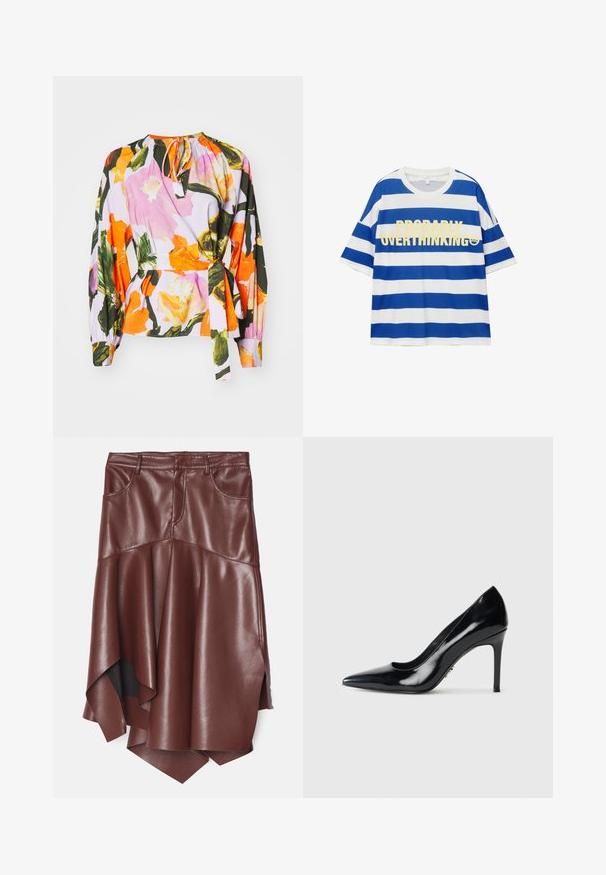 Haut à motif floral présentant des fleurs roses et oranges sur un fond violet clair. Manches longues avec des détails froncés et un col ajustable à nouer.; T-shirt en coton avec des rayures horizontales bleues et blanches. Présente un texte jaune en gras "PROBABLEMENT EN TRAIN DE SURANALYSER" et un graphique de smiley. Manches courtes.; Jupe en simili cuir marron avec un ourlet évasé et asymétrique, dotée de deux poches avant et d'une texture lisse et brillante.; Escarpin noir en cuir verni à bout pointu avec un talon aigu slim sur fond blanc uni.