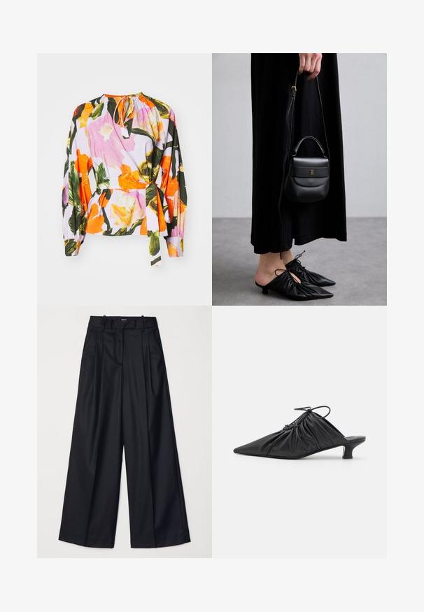 Bluse mit Blumenmuster, die rosa und orangefarbene Blumen auf einem helllila Hintergrund zeigt. Lange Ärmel mit Raffdetails und verstellbarem Knoten am Hals.; Schwarze weit geschnittene Hosen aus glattem Stoff, mit hoher Taille, Falten und einer taillierten Passform. Einfaches schwarzes Zubehör an der Taille.; Schwarze Leder-Mules zum Hineinschlüpfen mit spitzer Zehe, geraffter Textur und kleinem Kitten-Heel. Verfügt über ein Zugbanddetail am Öffnung.; Kleine schwarze Ledertasche mit runder Form, Obergriff und abnehmbarem Riemen. Getragen zu einem schwarzen Stoffkleid und schwarzen plissierten Schuhen.