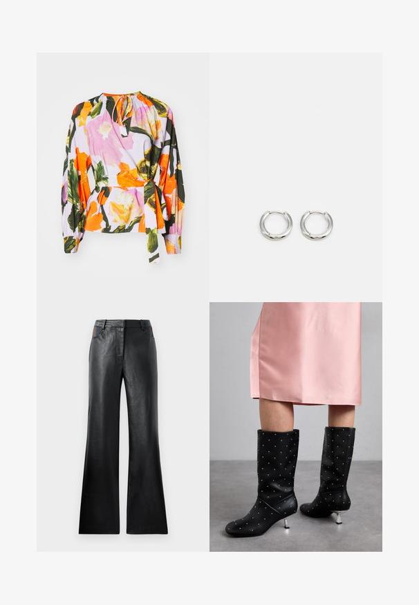 Majica s cvetnim vzorcem, ki prikazuje rožnate in oranžne cvetove na svetlo vijolični podlagi. Dolgi rokavi z nabranimi detajli in nastavljivim vezanjem pri vratu.; Črne usnjene flare hlače z gladko teksturo, ki imajo dve sprednji žepu s črnimi in rjavimi poudarki blizu pasu.; Črne škornje do kolen, izdelane iz gladkega materiala, z diskretnim križnim vzorcem in srebrnim peto. V kombinaciji z rožnato satenasto obleko.; Srebrne obročeve uhane s poliranim zaključkom, ki imajo krožno obliko in zasnova s tečajem, poudarjajo eleganten in minimalističen slog.