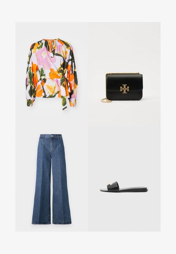 Bluse mit Blumenmuster, die rosa und orangefarbene Blumen auf einem helllila Hintergrund zeigt. Lange Ärmel mit Raffdetails und verstellbarem Knoten am Hals.; Weite blaue Jeans mit hoher Taille, im klassischen Five-Pocket-Stil und mit Knopfverschluss, aus strukturierter Baumwollstoff gefertigt.; Schwarze Rutschen mit breiter Oberseite, glattem Ledertextur, Offenen Zehen-Design und goldenen Akzenten am Riemen. Flache Sohle.; Schwarze Ledertasche mit goldfarbener Kettenriemen und Logo-Akzent. Hat eine rechteckige Form mit einem umklappbaren Klappenverschluss. Glatte Textur.