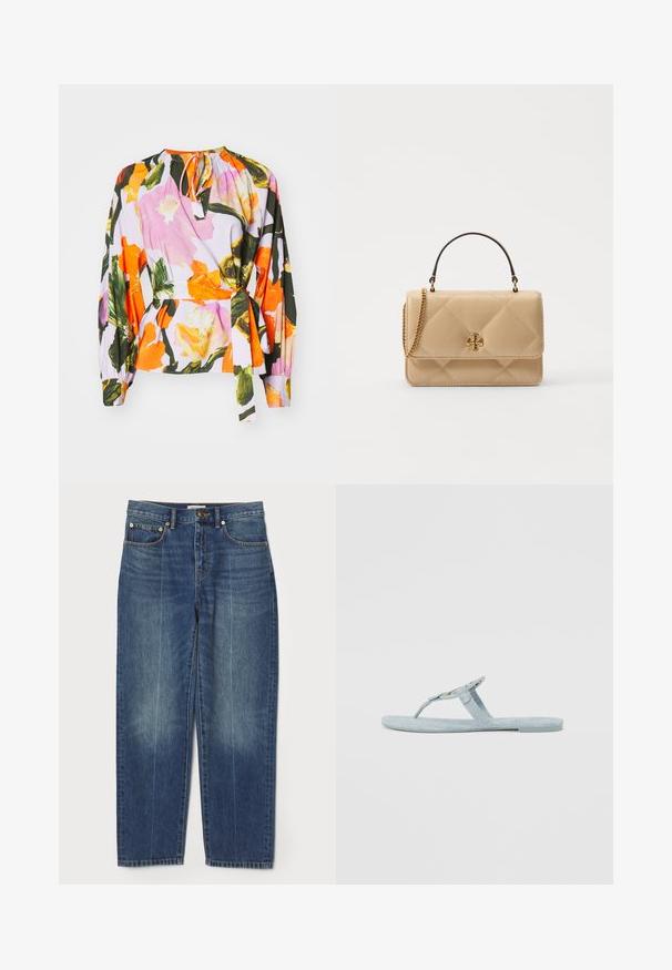 Bluse mit Blumenmuster, die rosa und orangefarbene Blumen auf einem helllila Hintergrund zeigt. Lange Ärmel mit Raffdetails und verstellbarem Knoten am Hals.; Blaue High-Waist-Stretch-Jeans mit geradem Bein, Front- und Rückentaschen, Gürtelschlaufen, Knopfverschluss und subtilen Ausbleichungen an den Beinen.; Hellblaue Flip-Flops aus strukturiertem Material. Sie verfügen über ein schlichtes Design mit einem Zehensteg und einer flachen Sohle. Keine zusätzlichen Akzente oder Muster.; Gepolsterte beige Lederhandtasche mit goldenen Beschlägen, Kettenriemen und einem oberen Griff. Verfügt über einen vorderen Klappdeckel und ein charakteristisches Logodetail.