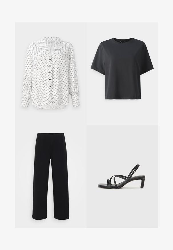 Valkoinen pitkähiha blouse mustilla pilkuilla, mustat napit edessä, kaulus ja leveät hihansuut.; Mustat puuvillapaita, lyhyet hihat, pyöreä kaula-aukko, rento istuvuus, sileä pinta, yksinkertainen muotoilu, ilman kuvioita tai koristeita.; Mustat leveät housut elastisella vyötäröllä. Valmistettu tekstuuritetusta materiaalista, jossa on rento istuvuus ja suora leikkaus lantion kohdasta helmaan.; Mustat hihnalligat, joissa on neliön muotoinen kärki ja matala lohkokorko. Ominaisuuksiin kuuluu useita ohuita hihnoja ja säädettävä nilkkahihna. Valmistettu sileästä nahasta.