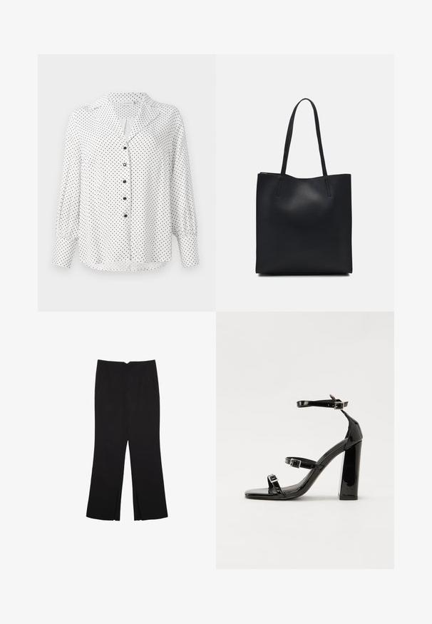 Blusa bianca a maniche lunghe con pois neri, bottoni neri sulla parte anteriore, un colletto e polsini larghi sulle maniche.; Pantaloni neri a gamba dritta, con tasche frontali e spacchi laterali all'orlo. Realizzati in tessuto morbido e liscio. Adatti a diverse occasioni.; Sandali con tacco in vernice nera, con punta squadrata, cinturini alla caviglia e fibbie in argento. Presentano un tacco a blocco spesso per maggiore stabilità.; Borsa tote in pelle nera con texture liscia, forma rettangolare e due manici lunghi. Nessun hardware o decorazione visibile.