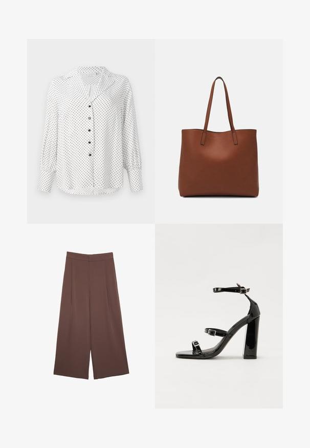 Blusa bianca a maniche lunghe con pois neri, bottoni neri sulla parte anteriore, un colletto e polsini larghi sulle maniche.; Pantaloni ampi marroni con una texture liscia, caratterizzati da una vita alta e pieghe frontali. Il tessuto è leggero e scorre liberamente.; Sandali con tacco in vernice nera, con punta squadrata, cinturini alla caviglia e fibbie in argento. Presentano un tacco a blocco spesso per maggiore stabilità.; Borsa tote in pelle marrone con texture liscia, design con apertura superiore e due spallacci. Presenta cuciture minime e nessun hardware visibile.