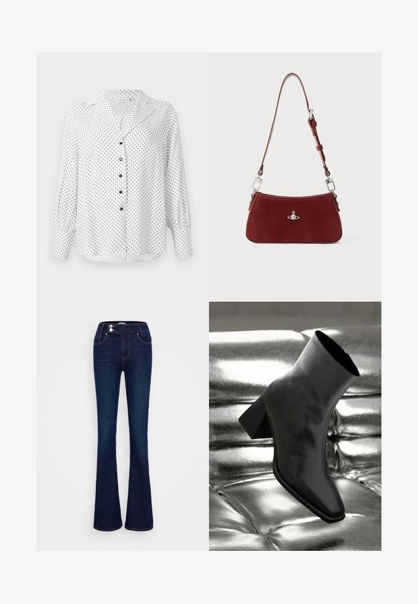 Valge pika varrukaga pluus mustade täppidega, mustad nööbid ees, krae ja laiad mansetid varrukatel.; Tumedad sinised laiad teksapüksid, millel on kõrge talje, kaks eesmist taskut ja kaks nööbikinnitust. Valmistatud siledast denimist.; Must musta narmand, läikiva materjali ja ruudukujulise varbaga ning kitseneva kontsaga, paigutatud läikiva hõbedaselt tuftitud tausta ette.; Punane sule nahast õlakott, millel on kaarjas kuju. Omab hõbedast detaili ja reguleeritavat rihma koos riistade kaunistustega. Sile tekstuur.